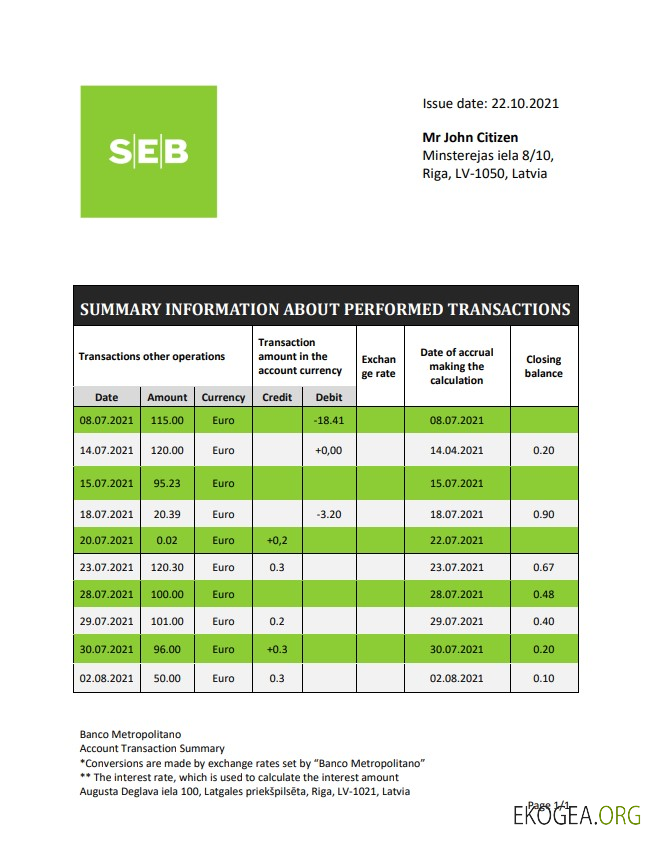 Relevé de la banque SEB Lettonie